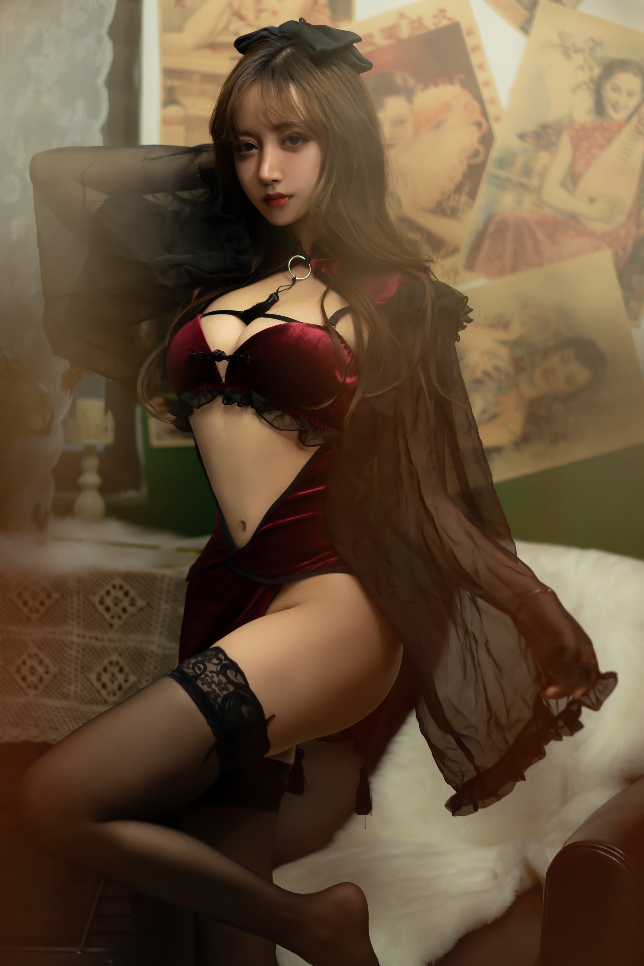 图片[1]-过期米线线喵 – NO.100 红丝绒旗袍 [53P]-XikXak